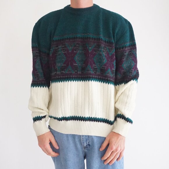 Vintage Ash Creek Green Cream Cottagecore Eclectic Grandpa Crewneck Sweater L - Picture 1 of 8